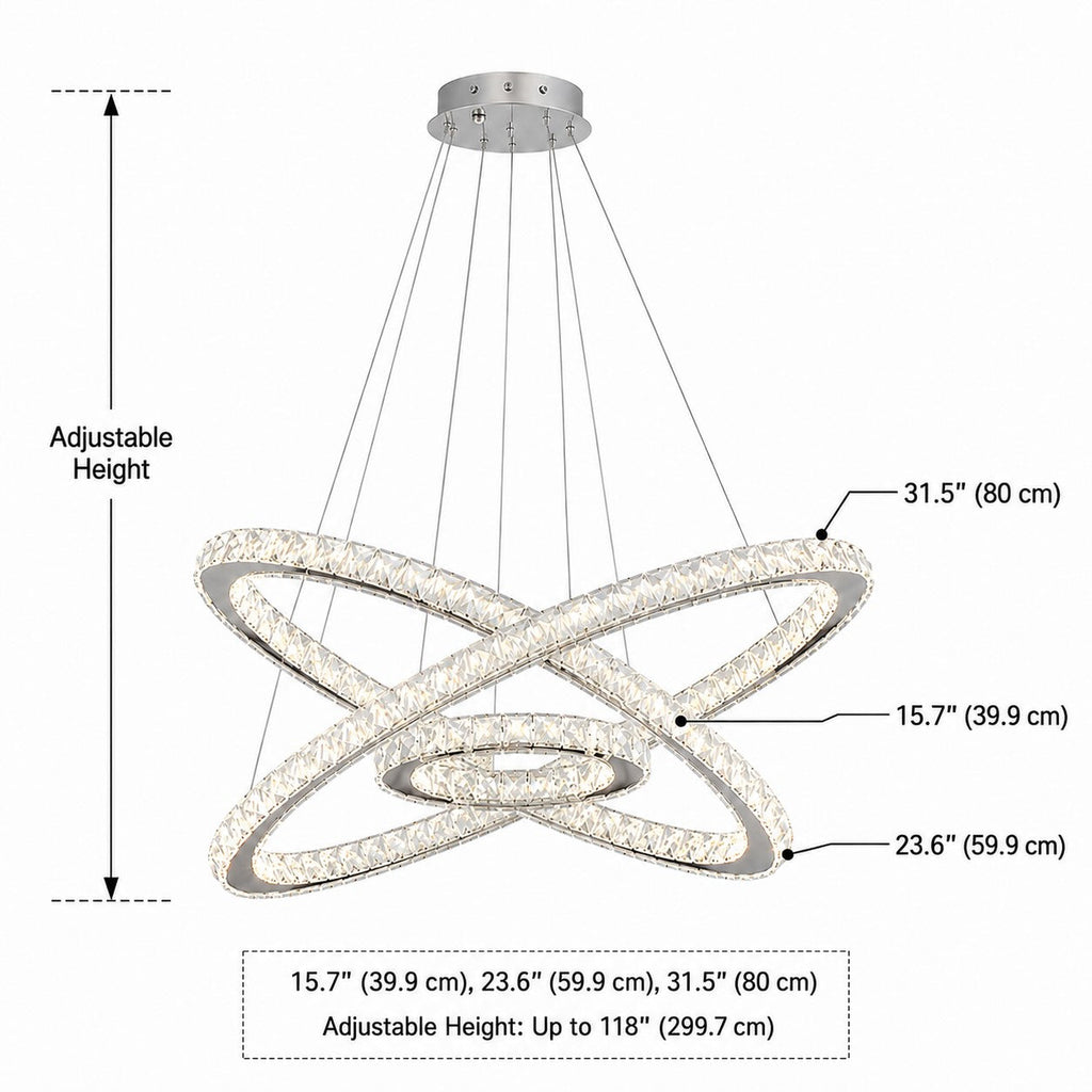 Lámpara de araña LED de cristal moderna — suspensión ajustable de múltiples anillos, anillos concéntricos con inclinación independiente