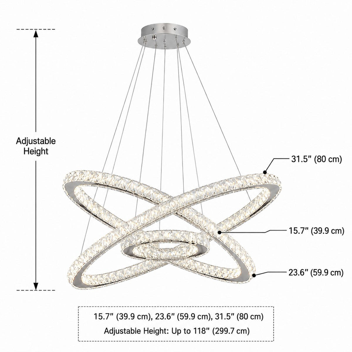 Lámpara de araña LED de cristal moderna — suspensión ajustable de múltiples anillos, anillos concéntricos con inclinación independiente