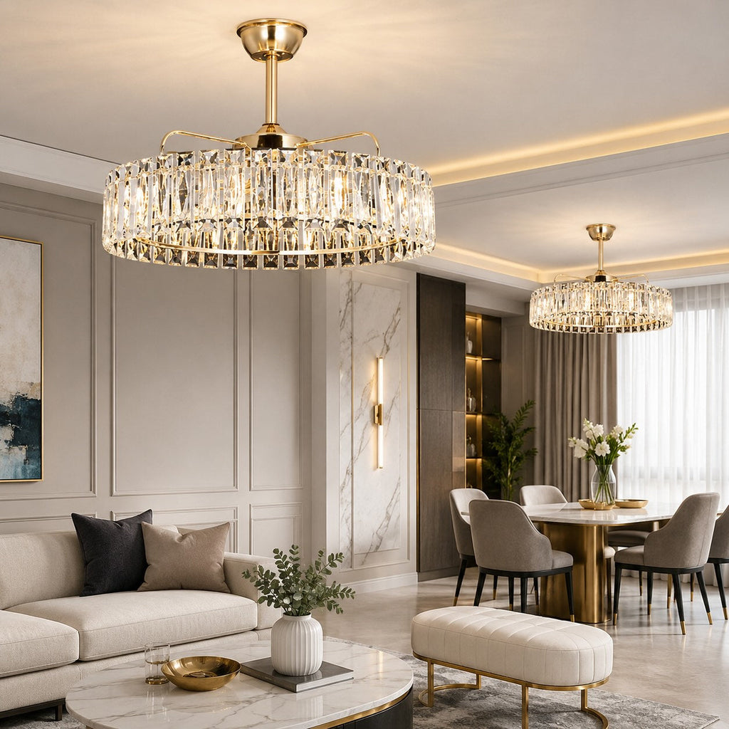 Modern Flush Mount Ceiling Fan Light — Adjustable Speed, Dimmable E12 Bulbs, Crystal Shade, Metal