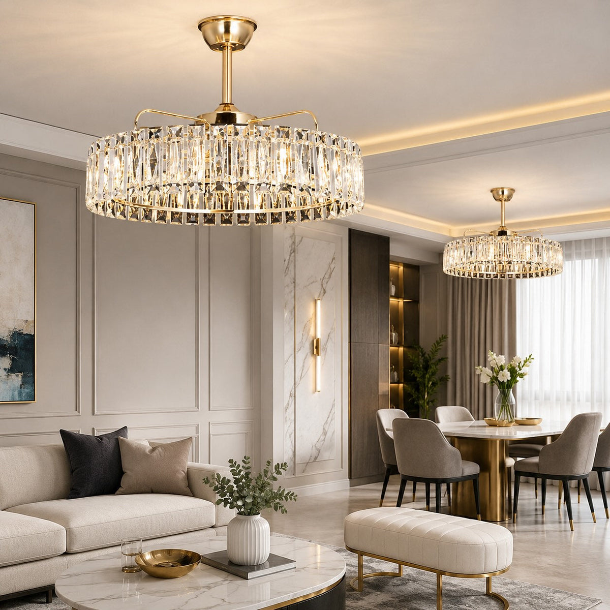 Modern Flush Mount Ceiling Fan Light — Adjustable Speed, Dimmable E12 Bulbs, Crystal Shade, Metal
