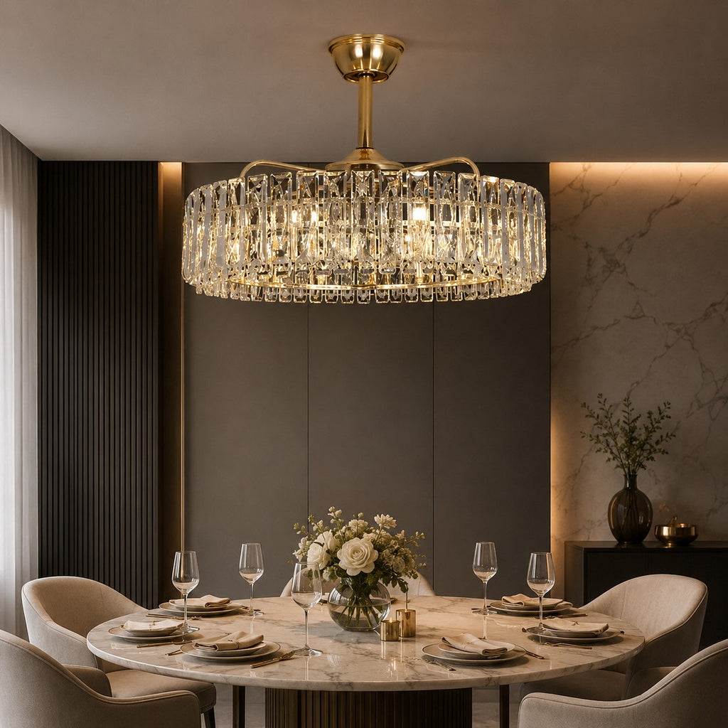 Modern Flush Mount Ceiling Fan Light — Adjustable Speed, Dimmable E12 Bulbs, Crystal Shade, Metal