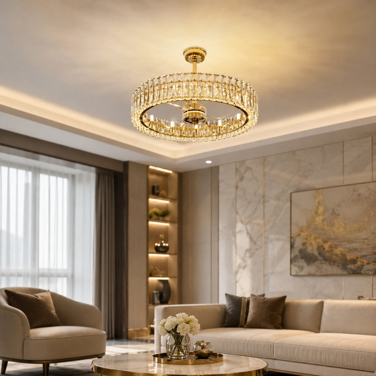 Modern Flush Mount Ceiling Fan Light — Adjustable Speed, Dimmable E12 Bulbs, Crystal Shade, Metal