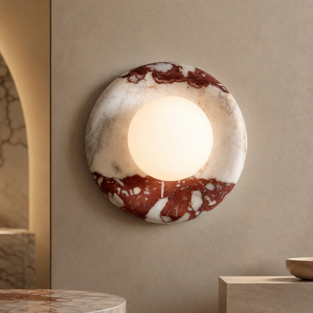 Modern Wall Sconce — Red Marble Finish, Metal Structure, LED Lighting Fixture