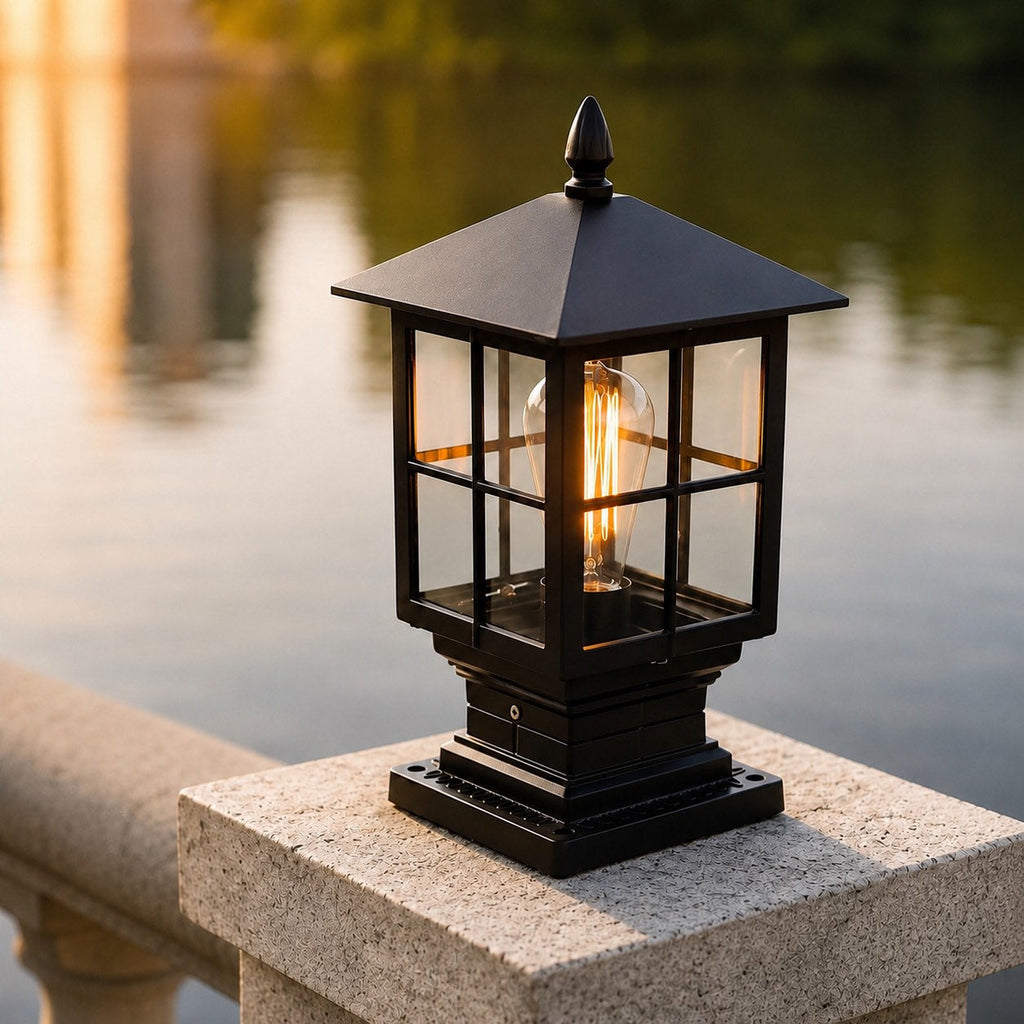 Traditionell pelarlampa för utomhusbruk, LED med dubbla strömkällor, aluminiumlegering, glas, vattentät