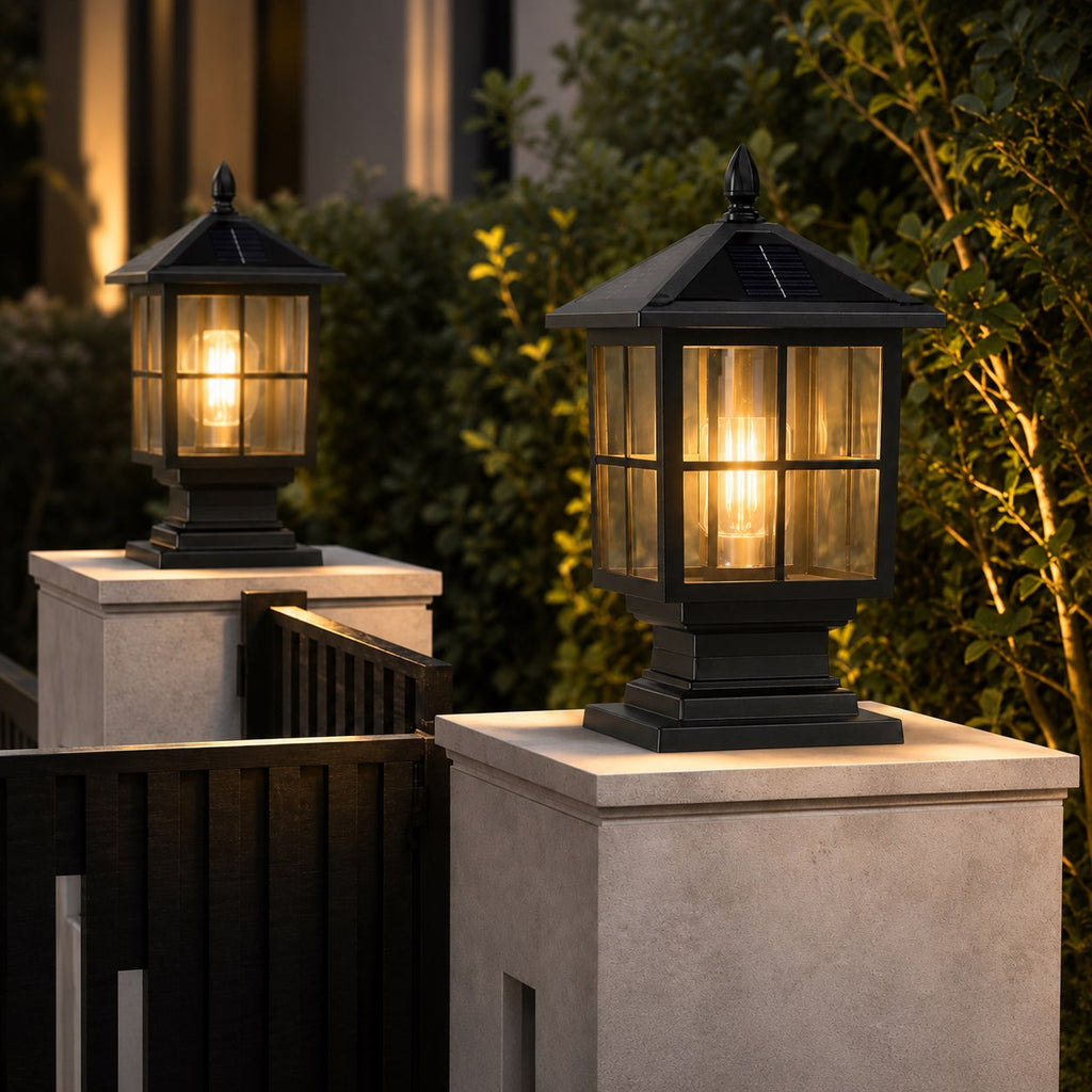 Traditionell pelarlampa för utomhusbruk, LED med dubbla strömkällor, aluminiumlegering, glas, vattentät