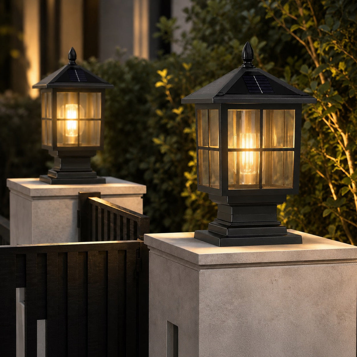 Traditionell pelarlampa för utomhusbruk, LED med dubbla strömkällor, aluminiumlegering, glas, vattentät