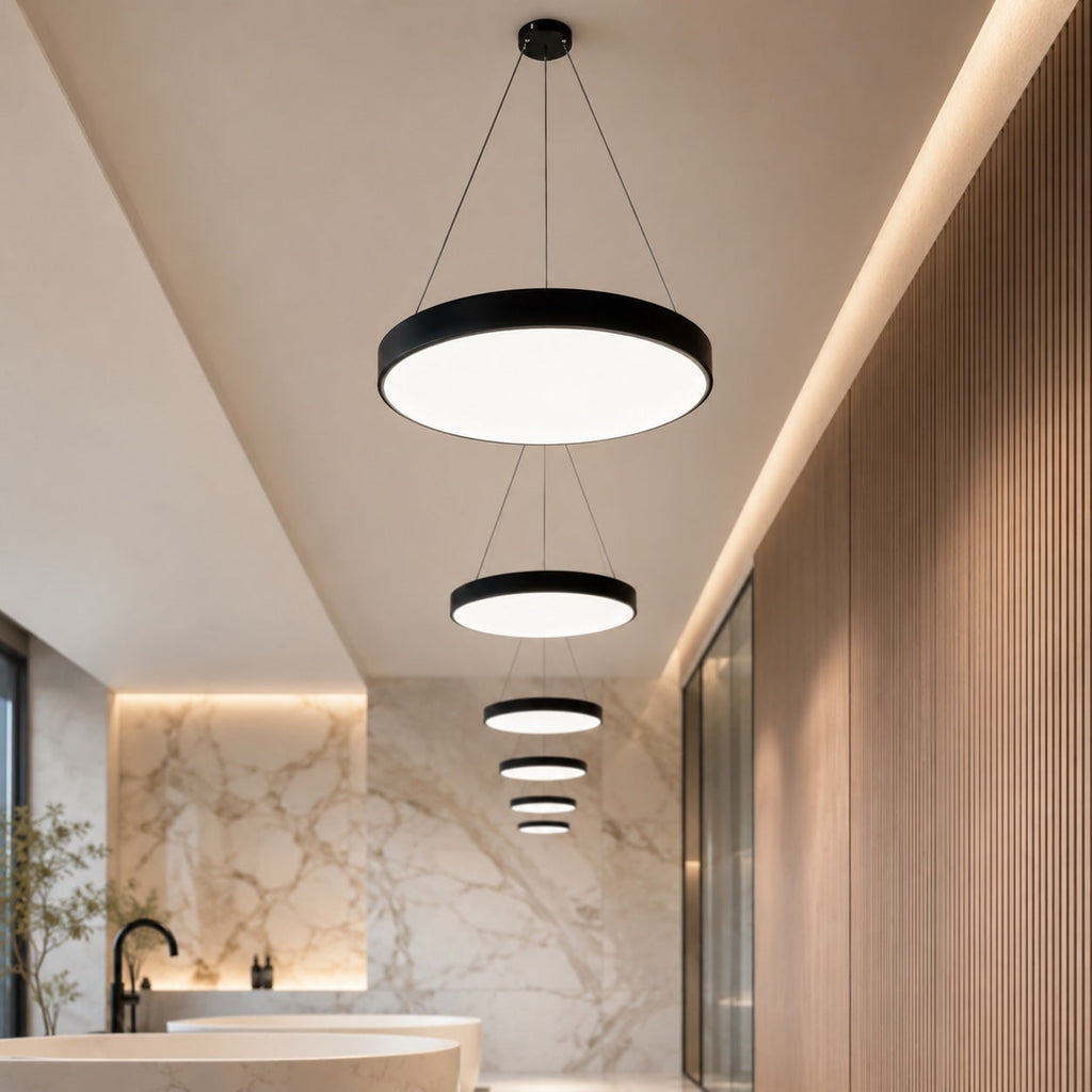 Modern rund pendellampa — justerbar hängande design, hölje i metall och akryl, dimbar LED