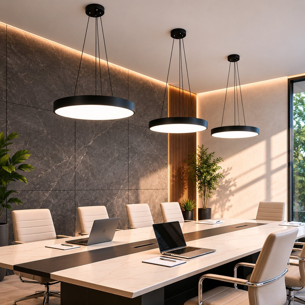 Modern rund pendellampa — justerbar hängande design, hölje i metall och akryl, dimbar LED