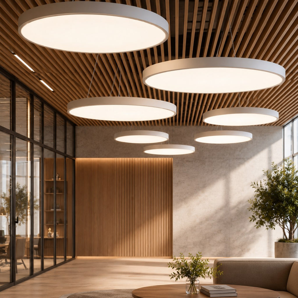 Modern rund pendellampa — justerbar hängande design, hölje i metall och akryl, dimbar LED