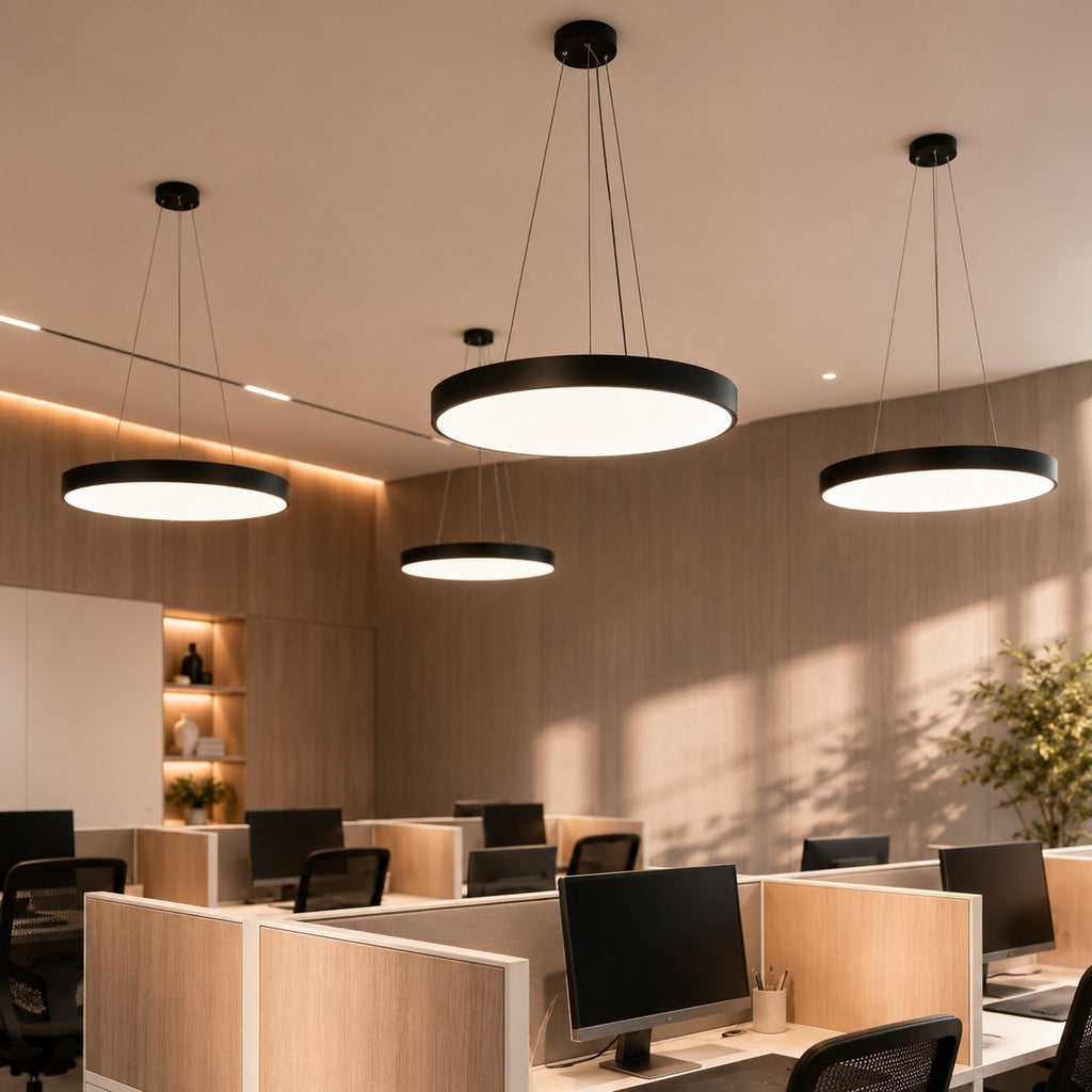 Modern rund pendellampa — justerbar hängande design, hölje i metall och akryl, dimbar LED