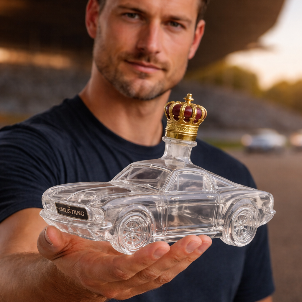 Handgemaakte glazen whiskykaraf - gevormd als de carrosserie van een Mustang