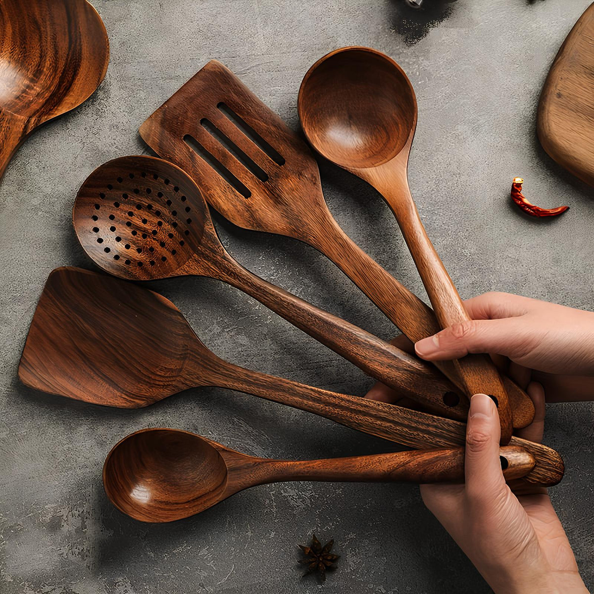 Juego de utensilios de cocina de 5 piezas — Teca 100 % natural, resistente al calor y sin arañazos