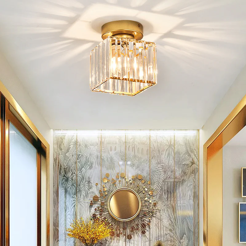 Crystal Glass Ceiling Light — Compact Design, Brass Fixture