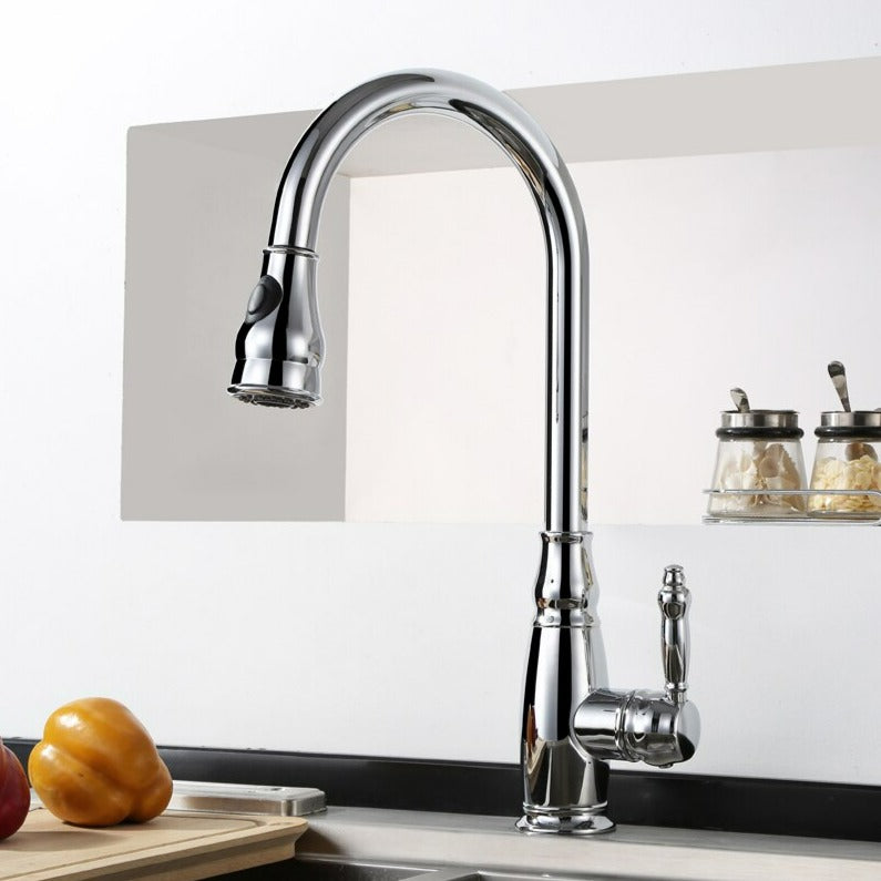 صنبور مطبخ آشبي قابل للسحب — فوهة دوّارة 360°، رأس برش مزدوج