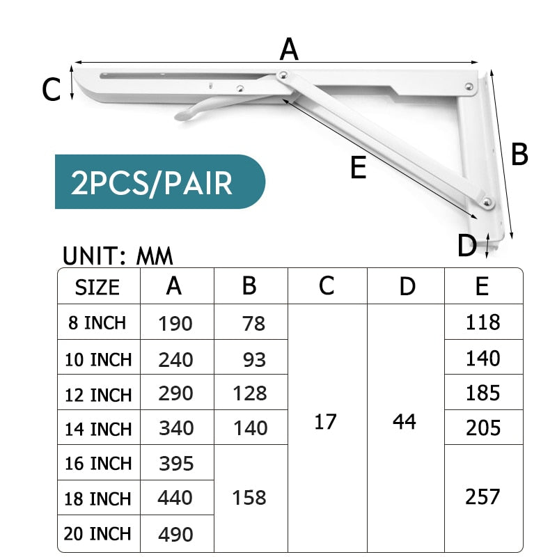 Soportes plegables resistentes para estantes — acero inoxidable, juego de 2 piezas, montajes de pared de plegado rápido