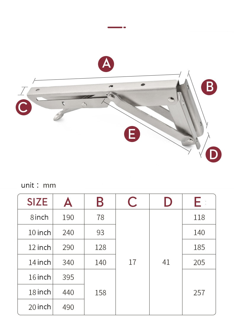 Soportes plegables resistentes para estantes — acero inoxidable, juego de 2 piezas, montajes de pared de plegado rápido