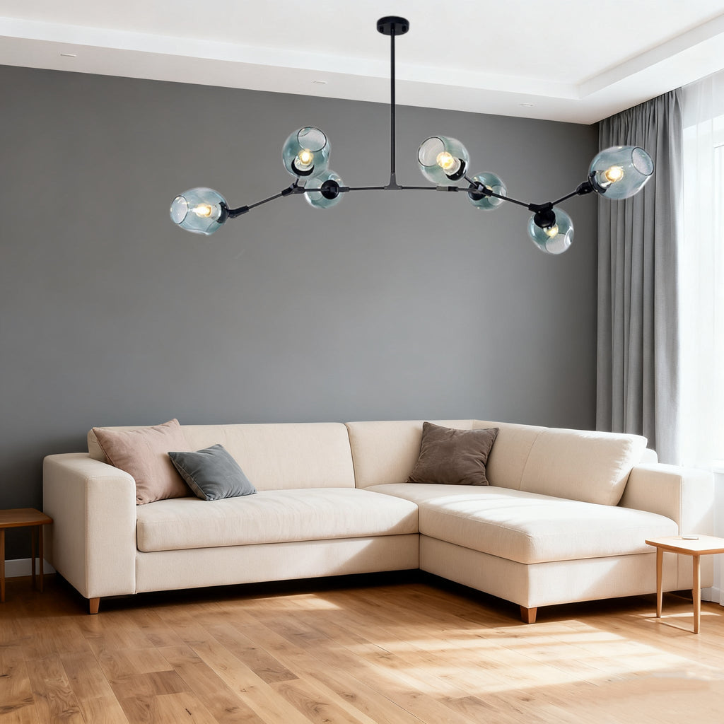 Żyrandol ze szklanymi kloszami w kształcie rozgałęzionych baniek, w stylu mid-century, z regulowanymi ramionami, do salonu | boxzora
