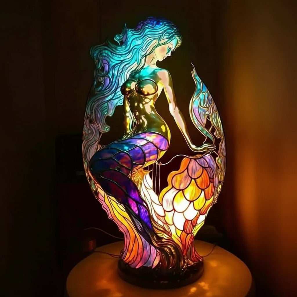 Whimsical Animal Table Lamp — Stained-Glass Style Shade, Amber & Gray Multicolor Design
