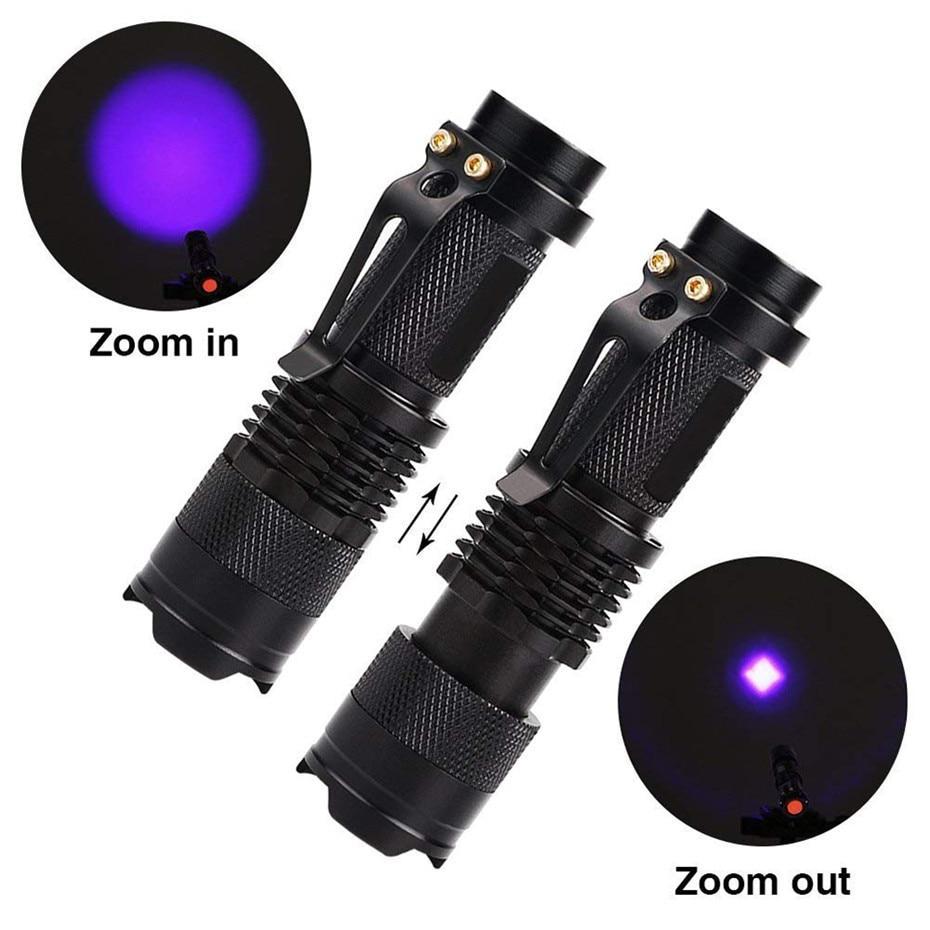 Mini torcia a luce nera UV LED — lente zoom regolabile, tre modalità di illuminazione, torcia ultravioletta