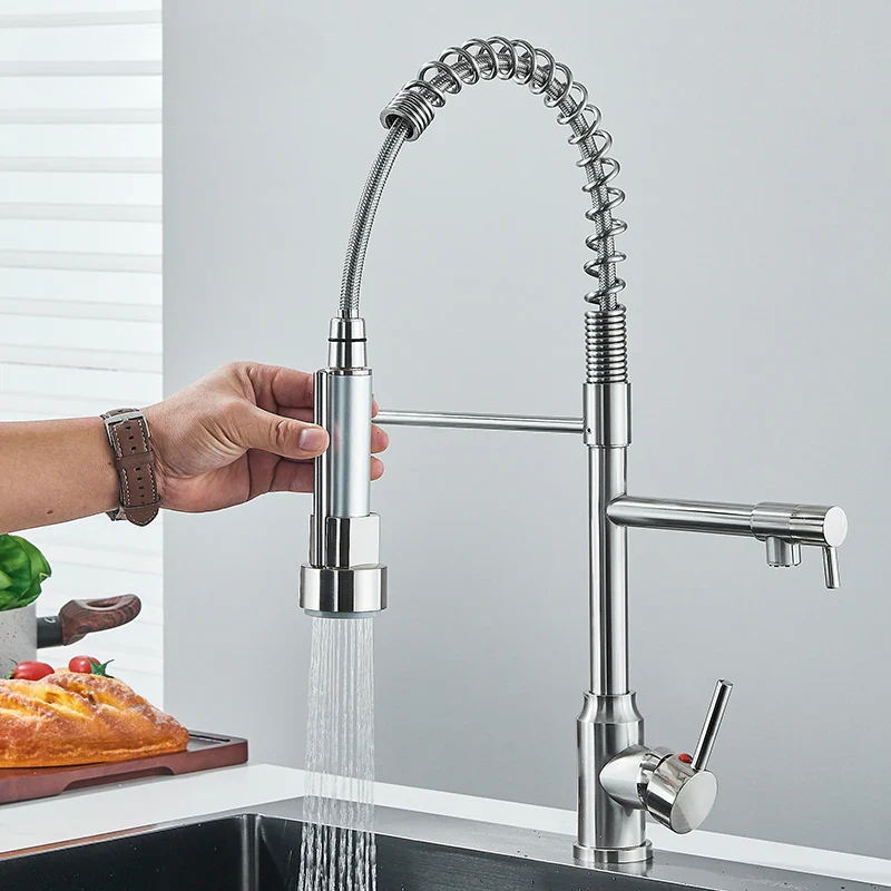 Grifo de cocina de acero inoxidable NickelFlex — caño con rotación de 360°