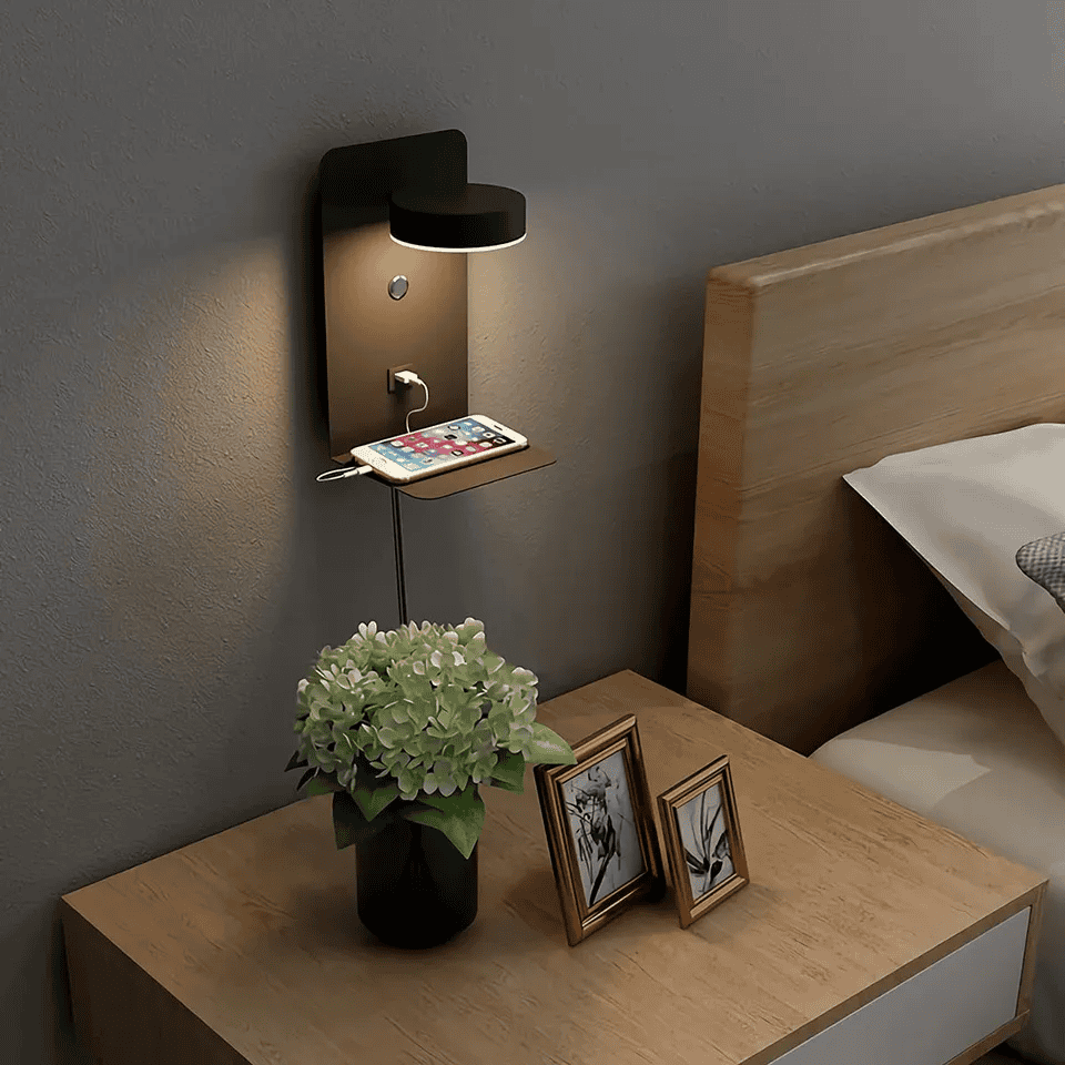 Dimbar LED-vegglampe — integrert USB-ladeport