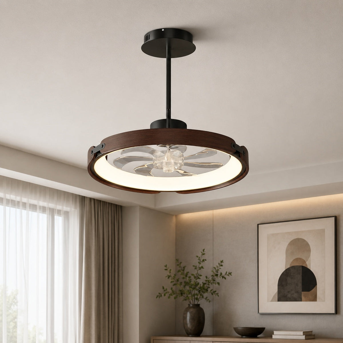 Flügelloser Deckenventilator – Flächenbündige Montage, LED-Leuchte, Holz und Acryl, 3-stufige Dimmung, App-Steuerung