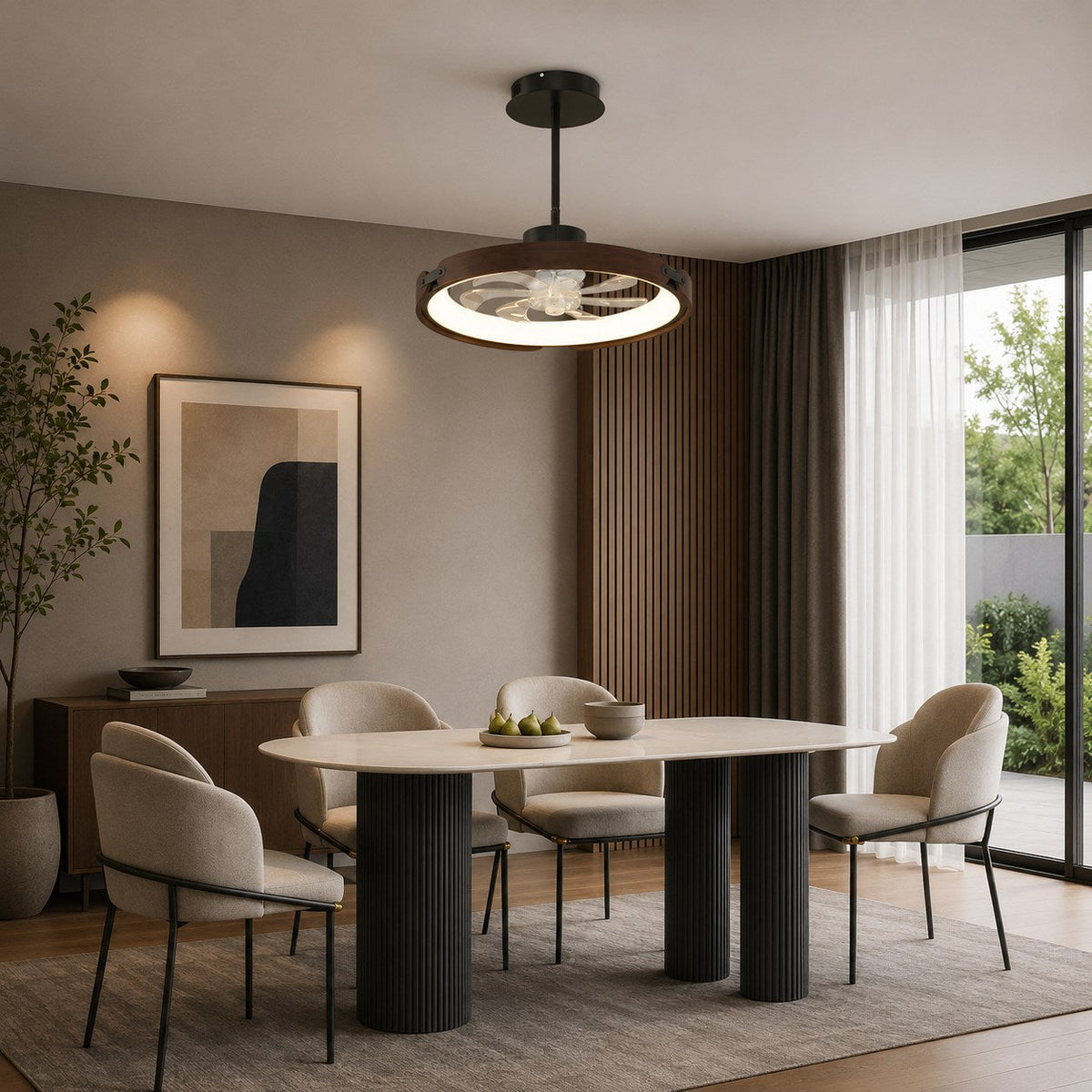 Flügelloser Deckenventilator – Flächenbündige Montage, LED-Leuchte, Holz und Acryl, 3-stufige Dimmung, App-Steuerung