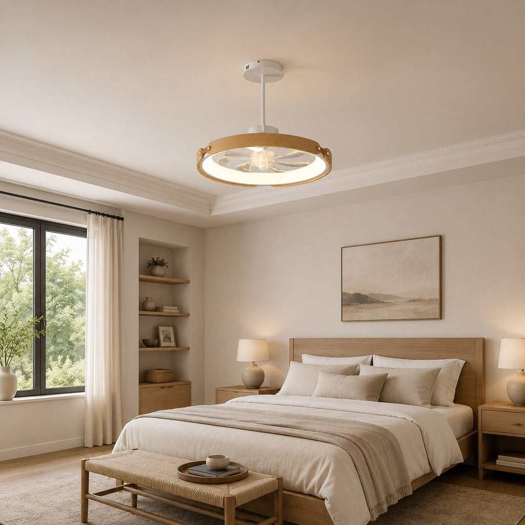 Flügelloser Deckenventilator – Flächenbündige Montage, LED-Leuchte, Holz und Acryl, 3-stufige Dimmung, App-Steuerung