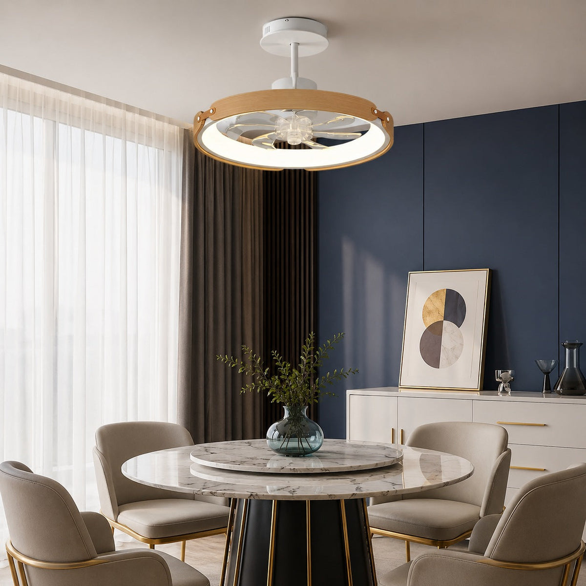 Flügelloser Deckenventilator – Flächenbündige Montage, LED-Leuchte, Holz und Acryl, 3-stufige Dimmung, App-Steuerung