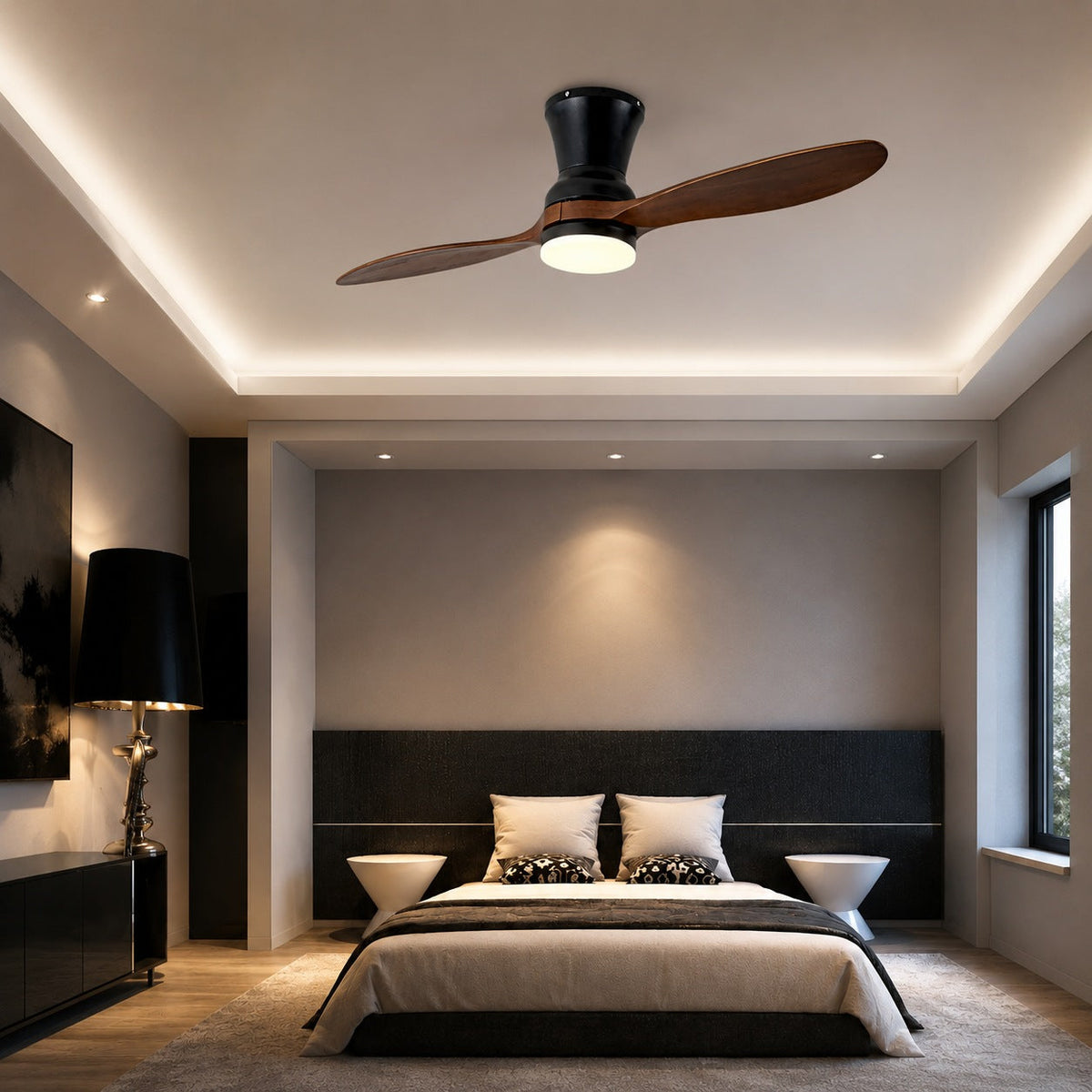 Modern mennyezeti ventilátor – fényerő-szabályozható, 18 W-os LED-lámpa, diófa lapátok, távirányító