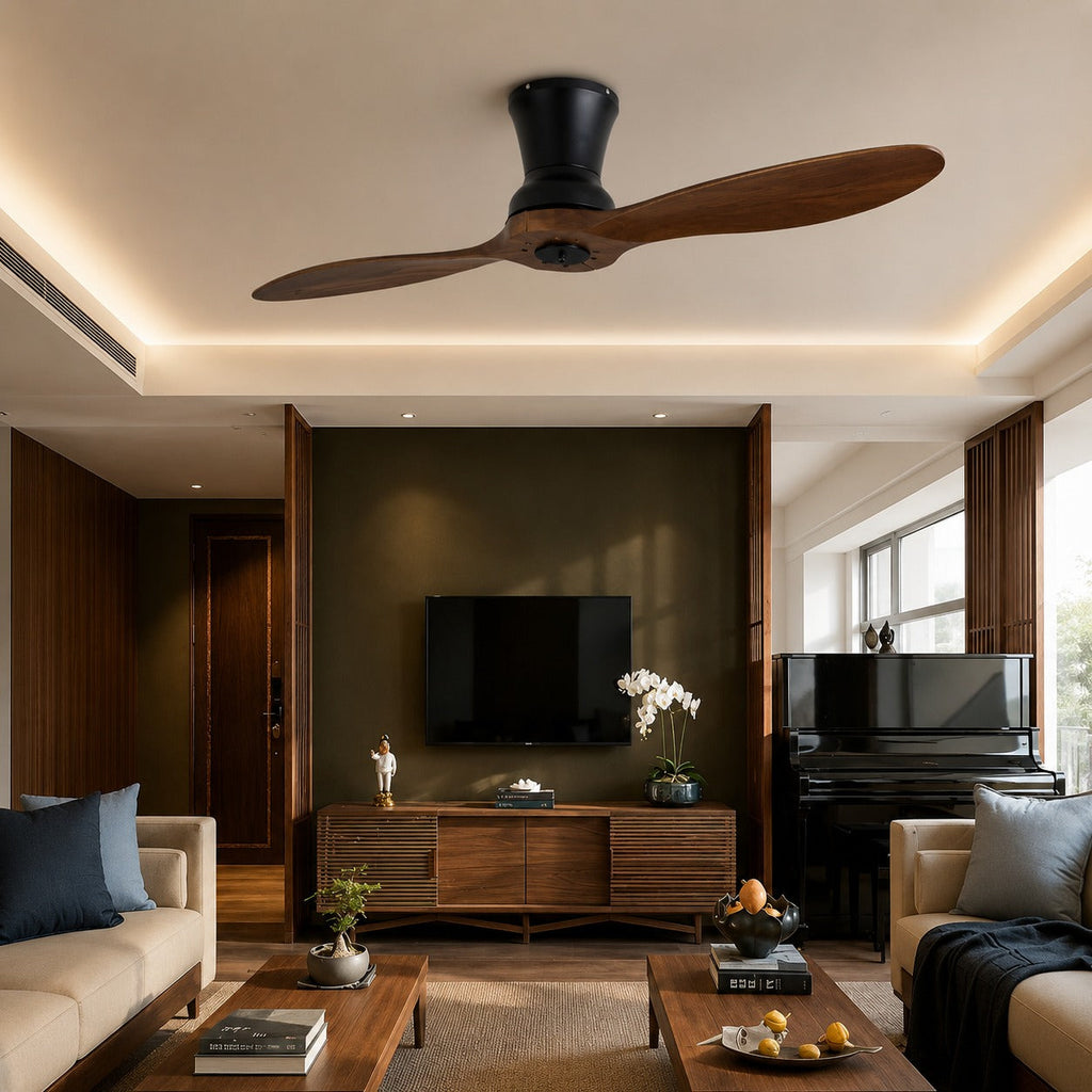 Modern mennyezeti ventilátor – fényerő-szabályozható, 18 W-os LED-lámpa, diófa lapátok, távirányító