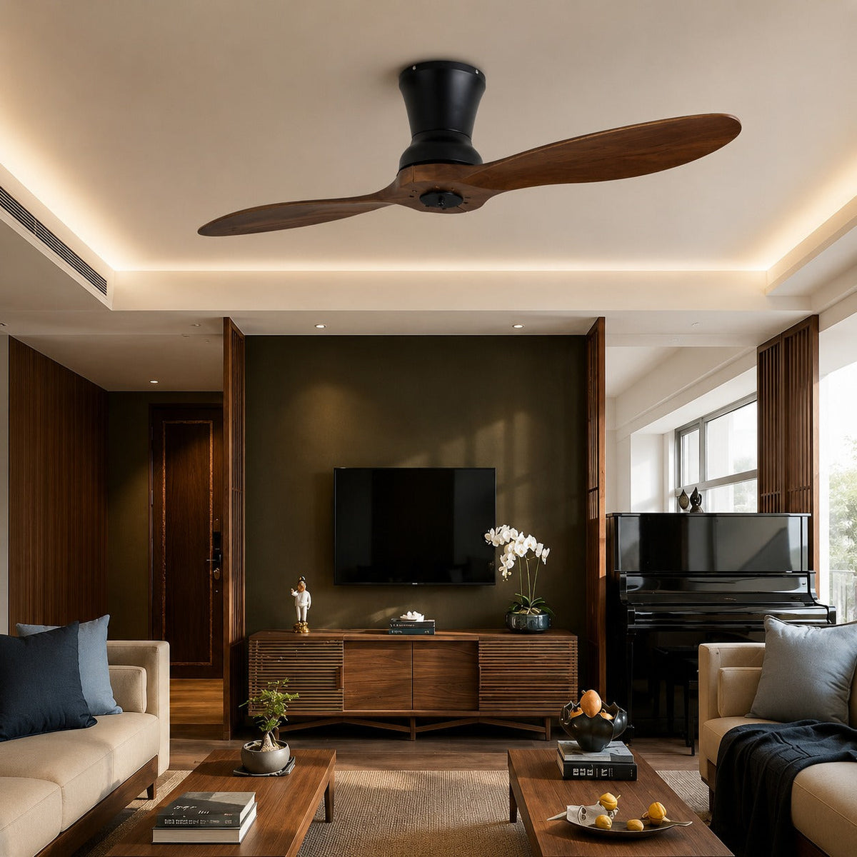 Modern mennyezeti ventilátor – fényerő-szabályozható, 18 W-os LED-lámpa, diófa lapátok, távirányító
