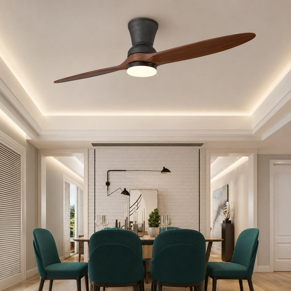 Modern mennyezeti ventilátor – fényerő-szabályozható, 18 W-os LED-lámpa, diófa lapátok, távirányító