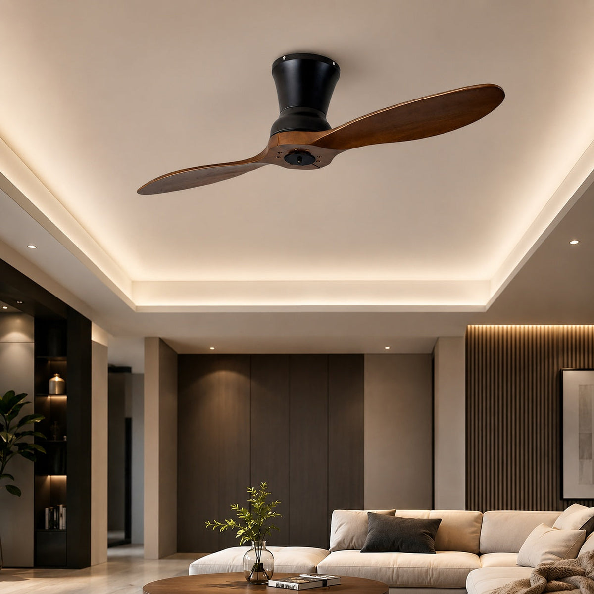 Modern mennyezeti ventilátor – fényerő-szabályozható, 18 W-os LED-lámpa, diófa lapátok, távirányító