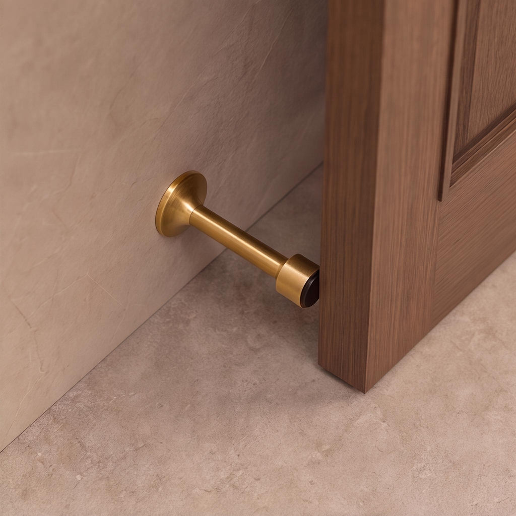 Solid Brass Door Stop — Adhesive or Screw Mount, Noise-Reducing Rubber Tip
