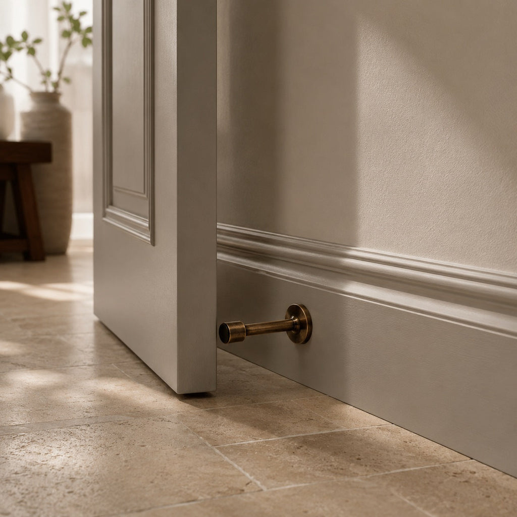 Solid Brass Door Stop — Adhesive or Screw Mount, Noise-Reducing Rubber Tip