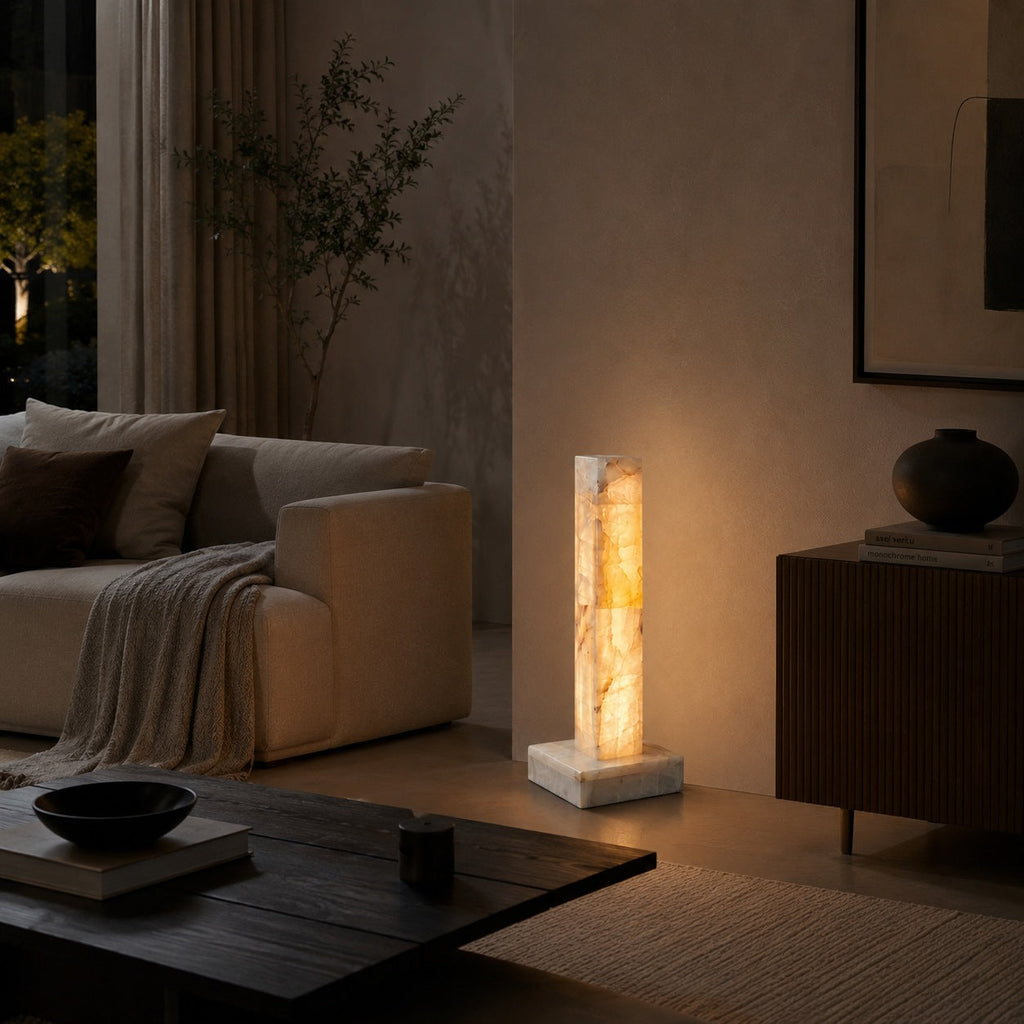 Adjustable Modern Floor Lamp — Alabaster Body, Marble Base, Integrated LED Lighting