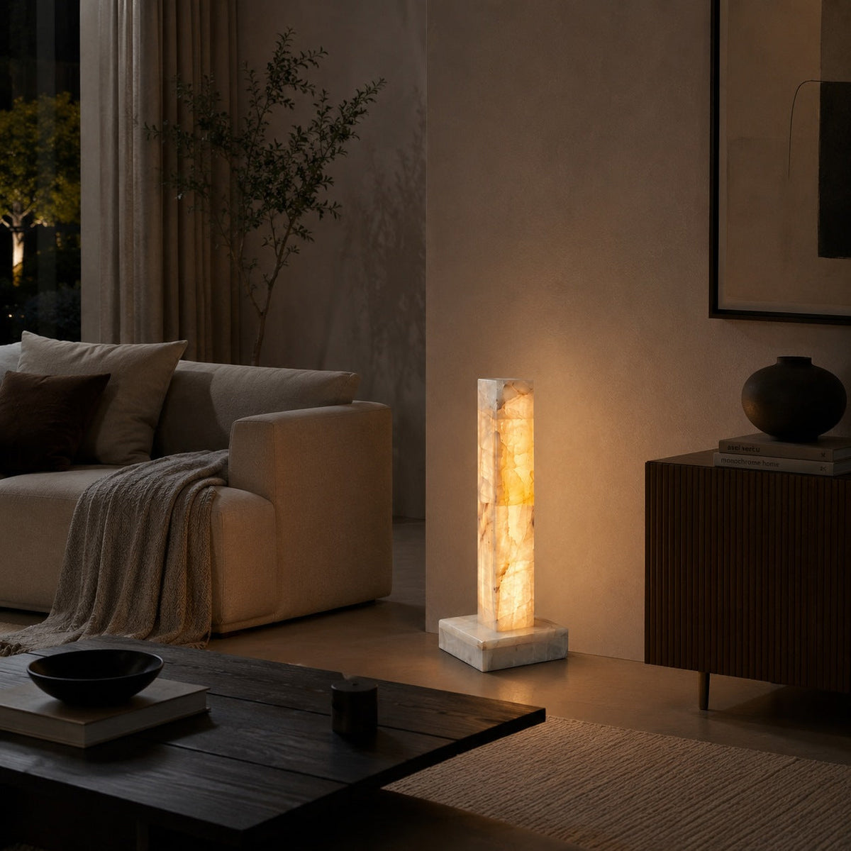 Adjustable Modern Floor Lamp — Alabaster Body, Marble Base, Integrated LED Lighting