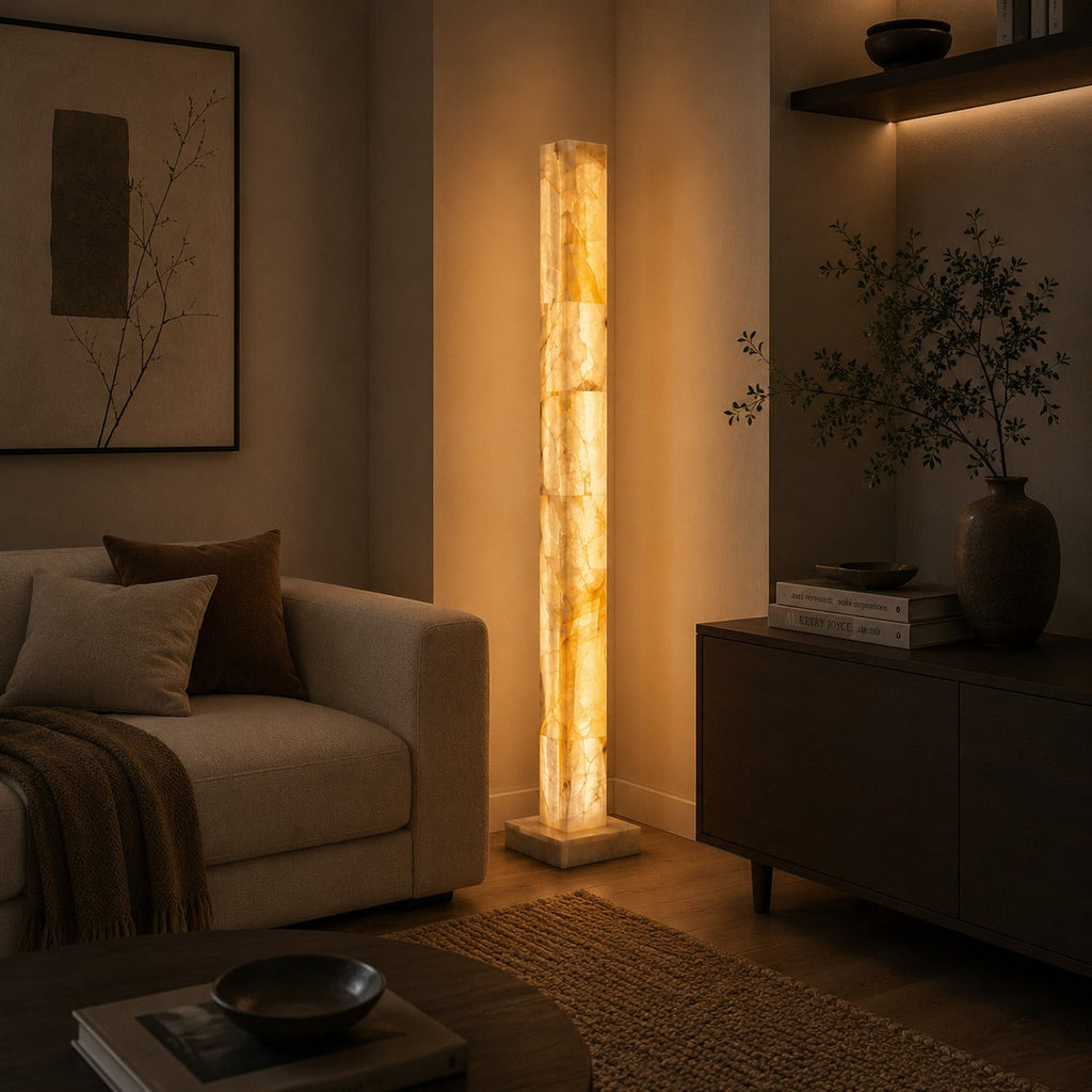Adjustable Modern Floor Lamp — Alabaster Body, Marble Base, Integrated LED Lighting
