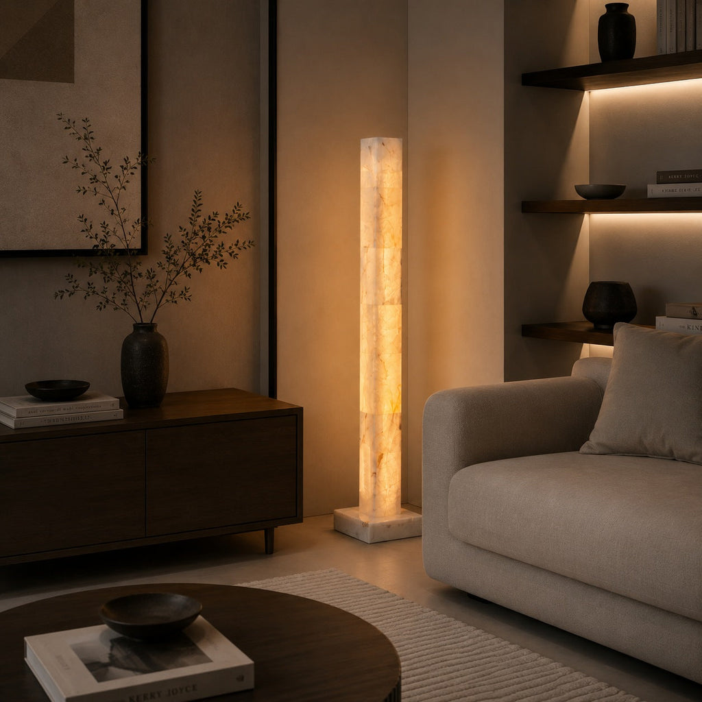 Adjustable Modern Floor Lamp — Alabaster Body, Marble Base, Integrated LED Lighting