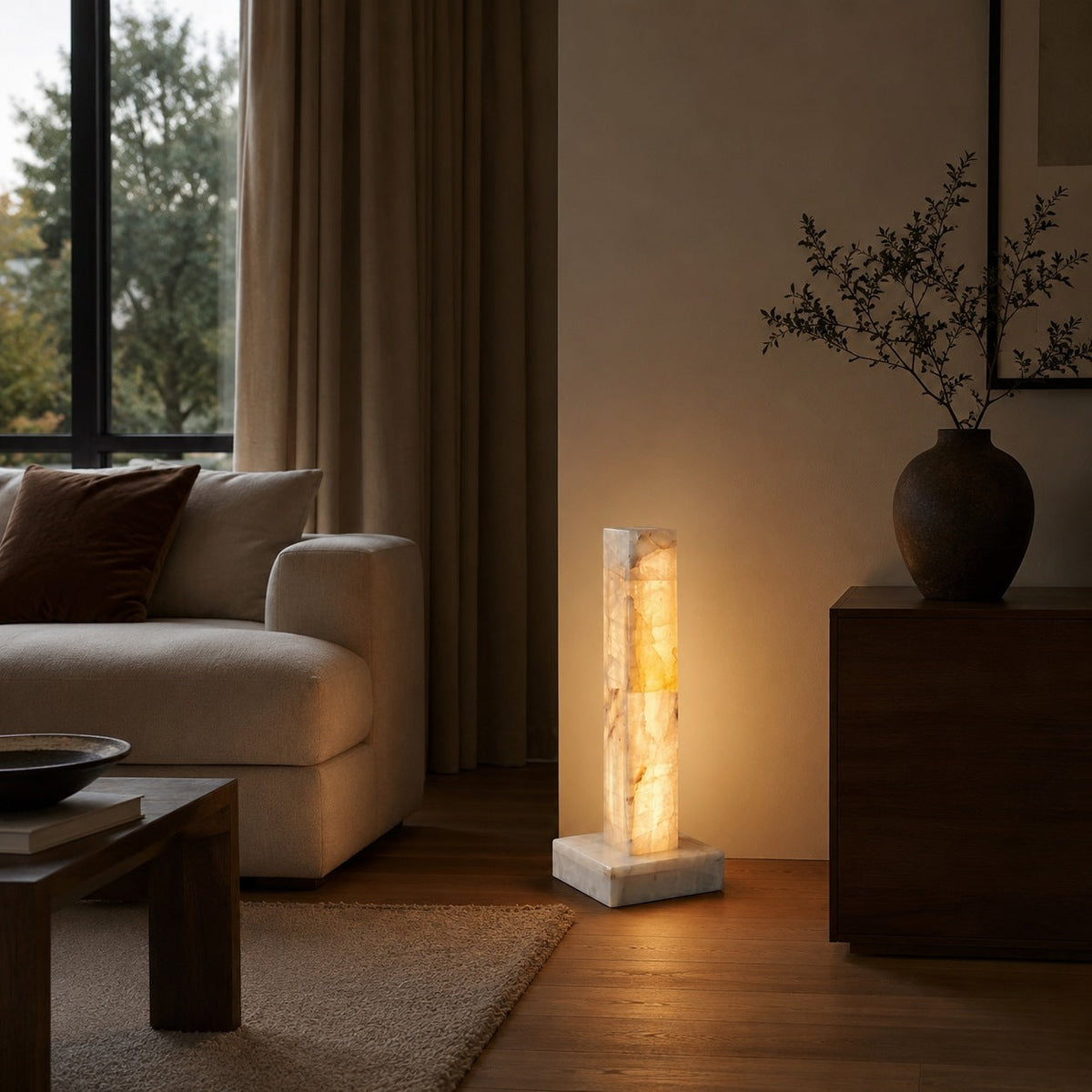 Adjustable Modern Floor Lamp — Alabaster Body, Marble Base, Integrated LED Lighting