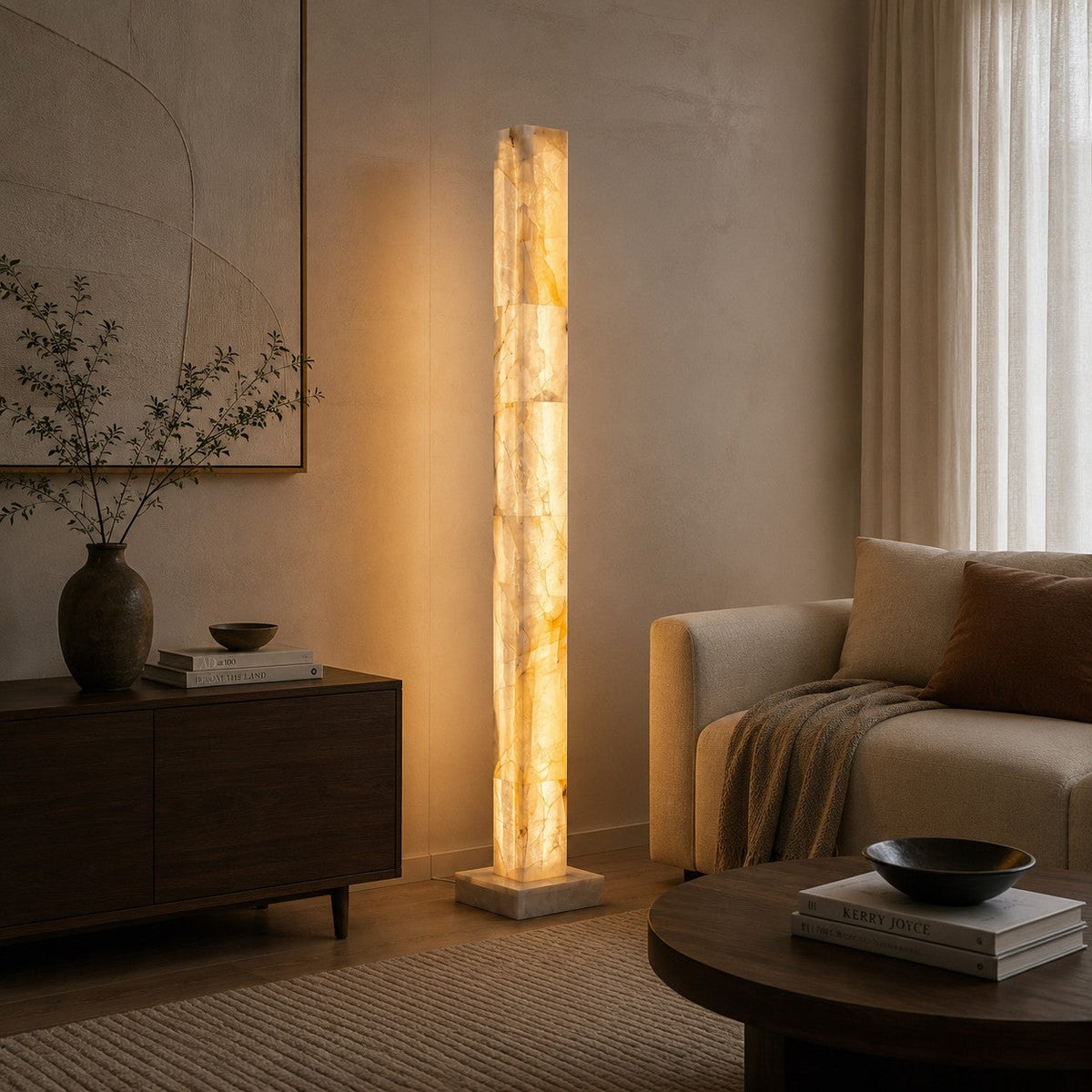 Adjustable Modern Floor Lamp — Alabaster Body, Marble Base, Integrated LED Lighting