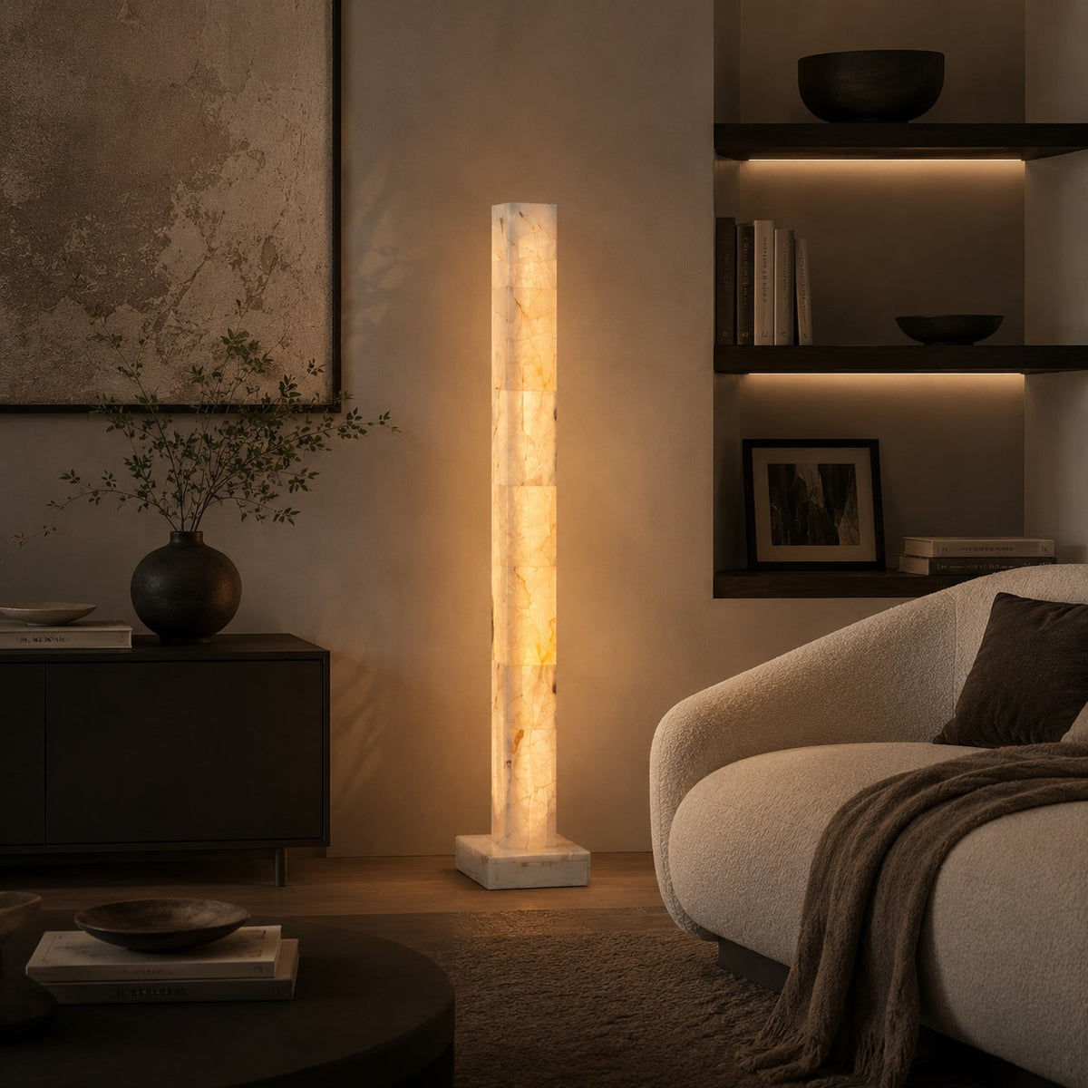 Adjustable Modern Floor Lamp — Alabaster Body, Marble Base, Integrated LED Lighting