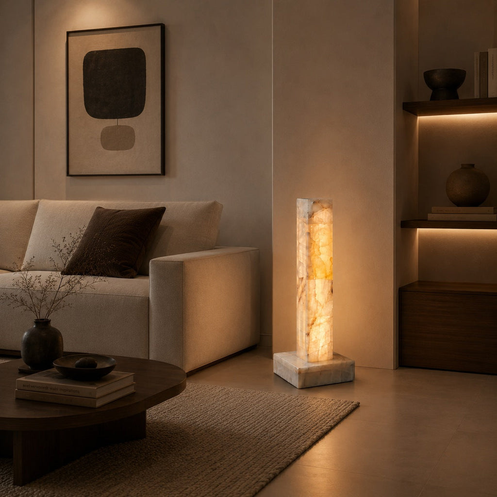 Adjustable Modern Floor Lamp — Alabaster Body, Marble Base, Integrated LED Lighting