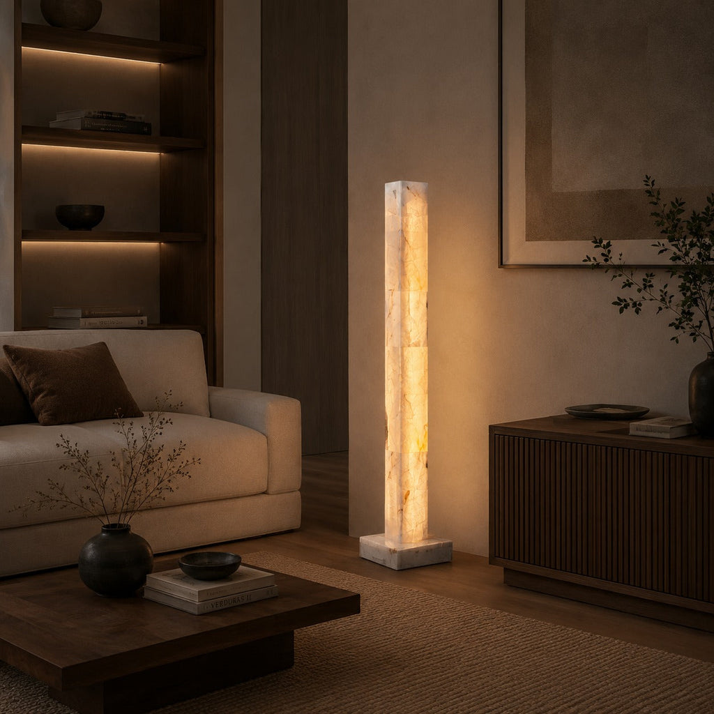 Adjustable Modern Floor Lamp — Alabaster Body, Marble Base, Integrated LED Lighting