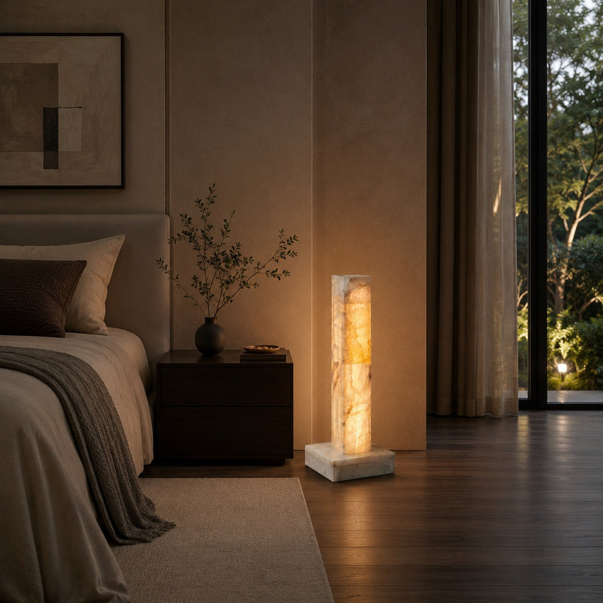 Adjustable Modern Floor Lamp — Alabaster Body, Marble Base, Integrated LED Lighting