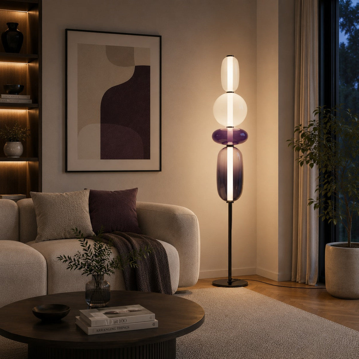 Lampada da terra moderna in vetro — design a ciottoli sovrapposti, altezza regolabile, illuminazione LED