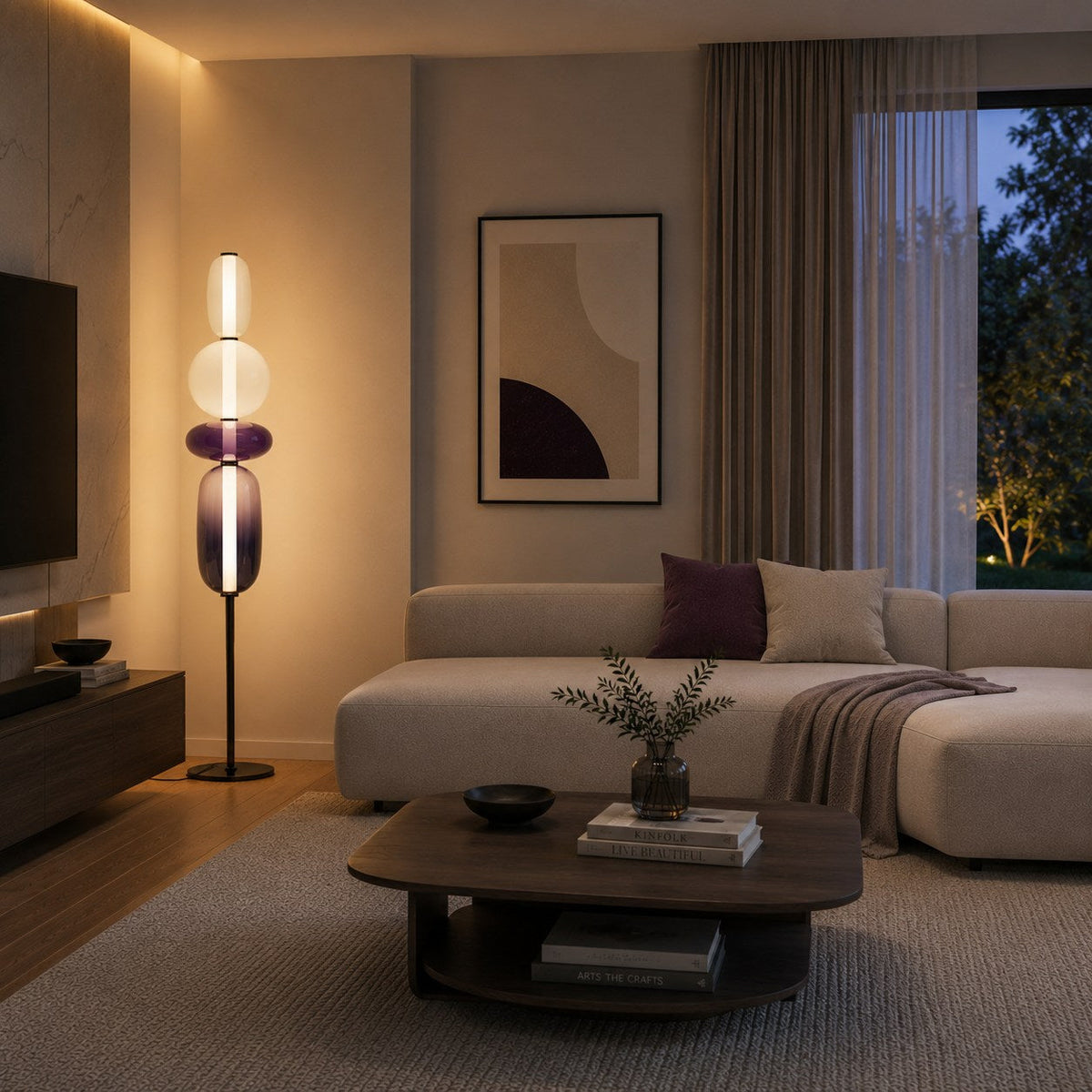 Lampada da terra moderna in vetro — design a ciottoli sovrapposti, altezza regolabile, illuminazione LED