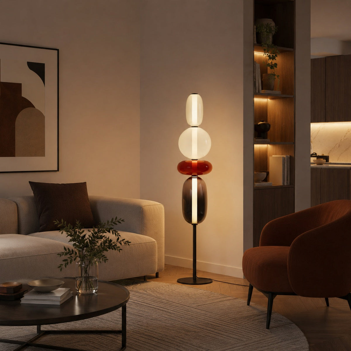 Lampada da terra moderna in vetro — design a ciottoli sovrapposti, altezza regolabile, illuminazione LED