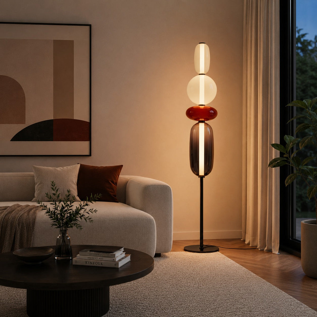 Lampada da terra moderna in vetro — design a ciottoli sovrapposti, altezza regolabile, illuminazione LED